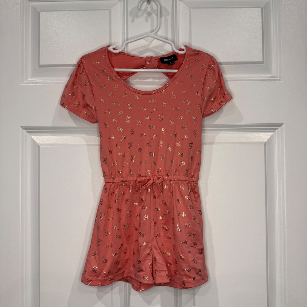 Picapino Girls Coral Pink Gold Foil Floral Short Sleeve‎ Romper Size 4
